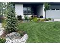 Beautifully landscaped front yard with lush green grass, decorative rocks, flowering plants, and a modern home facade at 6610 Barnstead Dr, Castle Pines, CO 80108