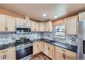 Well-equipped kitchen with stainless steel appliances, wood cabinets, and mosaic backsplash at 253 Cherokee Pl, Brighton, CO 80603