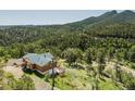 Aerial of a charming log cabin nestled among green trees with mountain views, offering privacy and serenity at 12135 Cochise Cir, Conifer, CO 80433