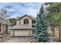 Attractive home with a stone facade, attached garage, and mature blue spruce tree, enhancing curb appeal at 31190 Cinnamonwood, Evergreen, CO 80439