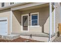 Inviting front porch features a brown door, sidelight window, and neutral siding at 2409 Alto St, Fort Lupton, CO 80621
