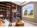 Stylish living room with custom built-in shelving and large window offering scenic views at 9563 Red Primrose St, Franktown, CO 80116