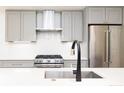 Close up view of the kitchen featuring stainless steel appliances, gray cabinets, and a quartz countertop at 263 S Jackson St, Denver, CO 80209