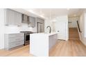 Bright modern kitchen with gray cabinets, stainless steel appliances, and a quartz countertop island at 263 S Jackson St, Denver, CO 80209