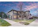 Beautiful home exterior featuring a stone facade, covered porch, and landscaped front yard at 10459 Rivington Ct, Lone Tree, CO 80124