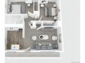 One bedroom apartment floor plan, showing kitchen, living area, and bedroom at 3705 Quail St # 4, Wheat Ridge, CO 80033