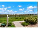 A spacious backyard with lush greenery and a view of a distant field under a partly cloudy sky at 17548 Bluetrail Ave, Parker, CO 80134