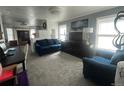 Living room featuring blue couches, a TV, carpet, and two windows at 4824 S Eaton Park Way, Aurora, CO 80016