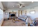 Comfortable living room featuring a ceiling fan, TV, and plush leather furniture at 11499 County Road 40 1/2 Rd, Platteville, CO 80651