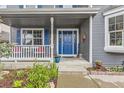 Inviting front porch with a vibrant blue door, white railing, and decorative flower pots and greenery at 8862 Chestnut Hill Ln, Highlands Ranch, CO 80130