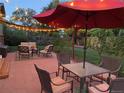 Inviting outdoor patio with comfortable seating, dining area, overhead lights, and garden views at 6664 Gray St, Arvada, CO 80003