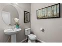 Stylish powder room with a pedestal sink, decorative mirror, and modern fixtures at 2405 Horse Shoe Cir, Fort Lupton, CO 80621