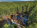 Breathtaking aerial view showcasing a charming home with a dark roof immersed in a dense, beautiful forest landscape at 18680 Arrowwood Dr, Monument, CO 80132