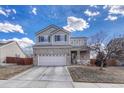 Charming two-story home with brick accents and a well-maintained front yard and attached two car garage at 18668 E Vassar Dr, Aurora, CO 80013