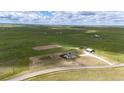Expansive aerial view of property and horse training circle, with a house, barn and green pastures at 6201 S Vanderhoof St, Bennett, CO 80102