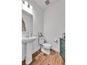 Stylish half bathroom features modern fixtures and wood-look flooring at 28304 E 6Th Pl, Watkins, CO 80137