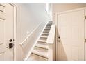 Carpeted staircase with white trim, offering a clean and well-lit path to the upper level of the home at 13001 Grant Cir # C, Thornton, CO 80241