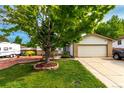 Charming home with a well-manicured lawn, mature shade tree, and a welcoming two-car garage at 4520 E 112Th Pl, Thornton, CO 80233
