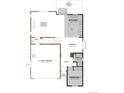 First floor plan featuring an open-concept kitchen, living room, dining room, bedroom, bathroom and 2-car garage at 1301 Rock Cliff Ave, Erie, CO 80516