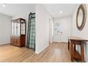 Inviting entryway featuring wood floors, modern decor, and a view of the front door at 4757 Augustine Ct, Castle Rock, CO 80108
