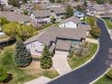 Expansive aerial view of a residential neighborhood featuring lush trees, well-maintained homes, and a pool at 13804 W 61St Cir, Arvada, CO 80004