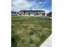 Townhome community showcasing modern architecture, stone accents, and a spacious green common area at 16433 Askins Loop, Parker, CO 80134