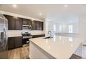 Modern kitchen with dark cabinets, stainless steel appliances, and a spacious white quartz island at 7307 Waterleaf Trl, Littleton, CO 80125