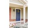 Close-up view of the elegant blue front door with brick accents and white trim, showcasing the home's inviting entrance at 6385 S Nelson Way, Littleton, CO 80127