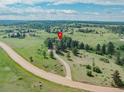 Aerial view of a house in a rural setting with green grass and mature trees at 9212 Tanglewood Rd, Franktown, CO 80116