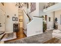 Inviting foyer with high ceilings, a staircase, and wood and carpet flooring at 746 Poppywood Dr, Highlands Ranch, CO 80126