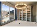 Spacious living room featuring built-in shelves, neutral carpet, a modern light fixture and a large window at 10057 S Shadow Hill Dr, Lone Tree, CO 80124