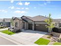 Lovely gray home shows two-car garage, stone facade, xeriscaping, and green lawn at 11383 Autumn Moon St, Littleton, CO 80125