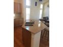 Granite kitchen island with a dual sink and breakfast bar seating for casual dining and entertaining in style at 14923 E Crestridge Dr, Centennial, CO 80015