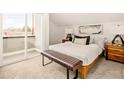 Bright bedroom with carpet, a slider to a balcony, and minimalistic, modern decor at 1346 N Knox Ct, Denver, CO 80204