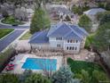 Beautiful aerial view showcasing the home's backyard pool, patio area, and lush landscaping at 6724 S Yates Ct, Littleton, CO 80128