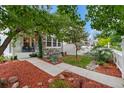 Charming front yard with stone accents, wood mulch, and a cozy porch seating area at 4945 Prebles Pl, Broomfield, CO 80023
