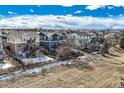 A neighborhood view highlighting fenced yards, trees, and house elevations at 5657 Jaguar Way, Lone Tree, CO 80124
