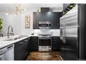 Well-lit kitchen boasts stainless steel appliances, dark cabinets, and a contemporary aesthetic at 333 S Monroe St # 211, Denver, CO 80209