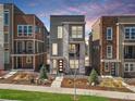 Modern exterior elevation showcasing multi-tone facades, professional landscaping and a walkway to the red front door at 3560 Corsica Way, Castle Rock, CO 80109