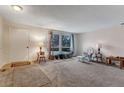 Bright and airy living room featuring neutral walls, carpet flooring, and a large window with natural light at 3161 S Kalispell St, Aurora, CO 80013