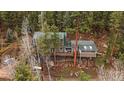 Charming cabin-style home with a green roof, perched on stilts amidst a lush forest at 7510 Blue Creek Rd, Evergreen, CO 80439