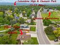 Aerial view of the home's proximity to Leawood Elementary, Columbine High, and Clement Park at 5954 W Leawood Dr, Littleton, CO 80123
