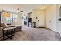 Comfortable living room features a fireplace, plush carpeting, and natural light at 1465 Blue Sky Cir # 17-203, Erie, CO 80516
