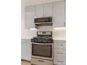 Close up of stainless steel oven, microwave, and sleek cabinetry with unique backsplash at 2876 W 53Rd Ave # 122, Denver, CO 80221