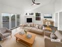 Bright living room with a fireplace, neutral color palette, and expansive windows for beautiful natural light at 6400 N Windfield Ave, Parker, CO 80134