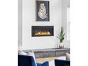 Modern electric fireplace set into a stone hearth and complemented by stylish decor and a houseplant at 6251 N Galena St, Denver, CO 80238