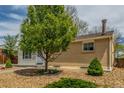 Side view of the home, featuring a brick exterior, a healthy tree, and tasteful low-maintenance landscaping at 7828 Florado St, Denver, CO 80221