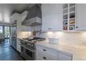 Close-up view of the kitchen featuring marble countertops, stainless steel appliances, and wine storage at 5767 Pelican Shores Dr, Longmont, CO 80504