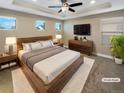 Virtually staged main bedroom with ceiling fan and large bed at 4723 Joplin St, Denver, CO 80239