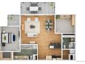 Detailed floor plan showcases the layout with a balcony, bedrooms, bathrooms, and kitchen at 1401 Delgany St # 211, Denver, CO 80202
